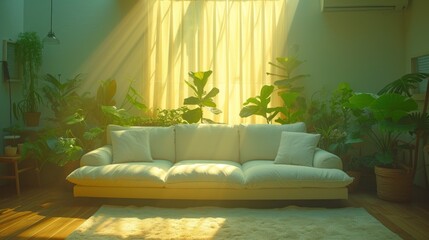 a white couch sitting on top of a wooden floor next to a window filled with potted plants on top of a hard wood floor.