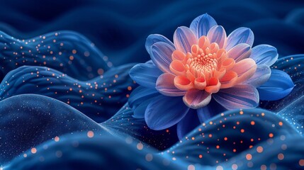 a close up of a blue and orange flower on a background of wavy blue water with dots on the petals. - obrazy, fototapety, plakaty