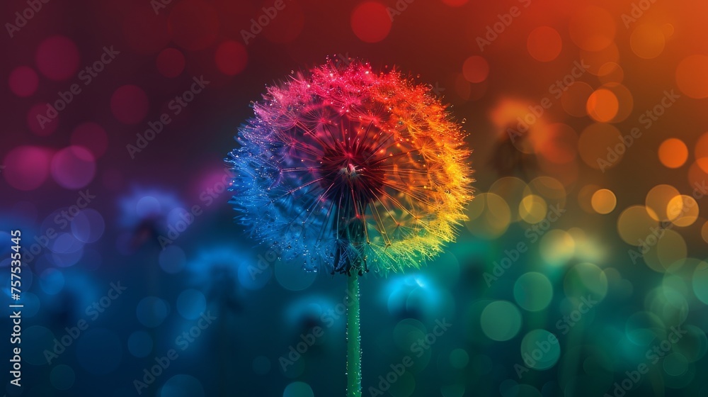 Aufkleber a multicolored dandelion in front of a blurry image of a group of other dandelions.