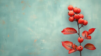 a close up of a plant with red leaves on a blue background with a rusted metal wall in the background.