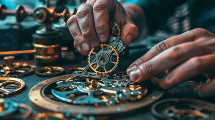 A person assembling a clock mechanism, symbolizing precision and timing in business processes