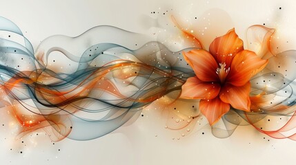 a large orange flower sitting on top of a blue and white wave of smoke on a white background with dots.