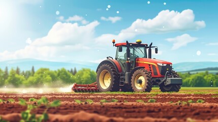Agriculture Tractor spreading fertilizer on crops