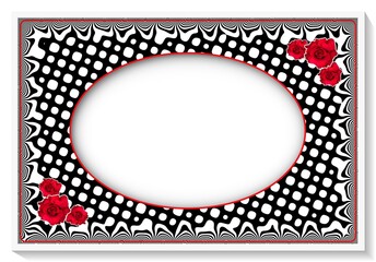 Karta okolicznościowa w biało, czarno, czerwonej kolorystyce z miejscem na tekst, życzenia, z dekoracyjnymi czerwonymi różami i deseniem z białych kropek 