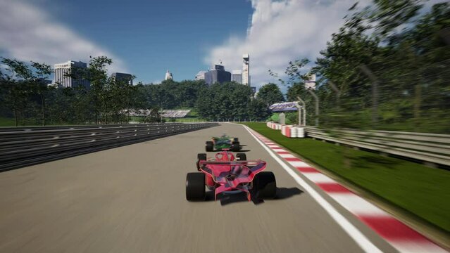 Fast Formula Car Crashes Into Wall On Racing Circuit Animation. Formula Car Fails To Reach Finish Line. Formula Car Pushed From Track By Opponent. Driving. Motorsport. Action