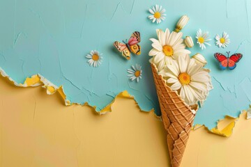 Summer background. Postcard. Flowers, ice cream. bouquet. Spring. March 8. Birthday - obrazy, fototapety, plakaty