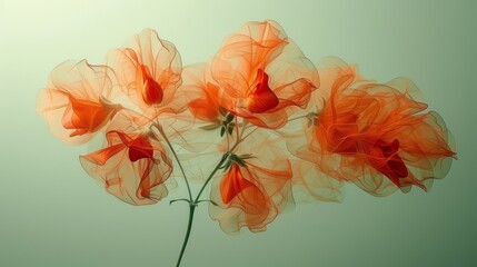 a bunch of orange flowers that are on a green and white background with a blurry image of the flowers in the background.
