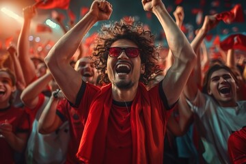 Jubilant Supporters in Red Celebrate a Spectacular Goal at Evening Soccer Match - obrazy, fototapety, plakaty