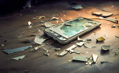 Completely destroyed mobile phone lies on the floor with parts scattered around. - 757536817