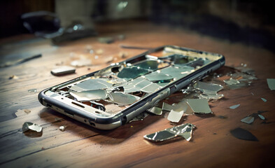 Completely destroyed mobile phone lies on the floor with parts scattered around.