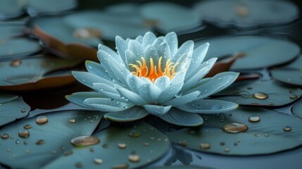 a close up of a water lily with drops of water on it's leaves and water droplets on it's surface.