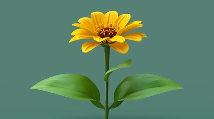 a single yellow flower with green leaves on a green background with a soft focus on the center of the flower.