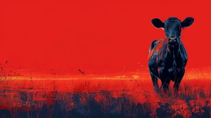  a painting of a black cow standing in a field of tall grass with a bright red sky in the background. © Nadia