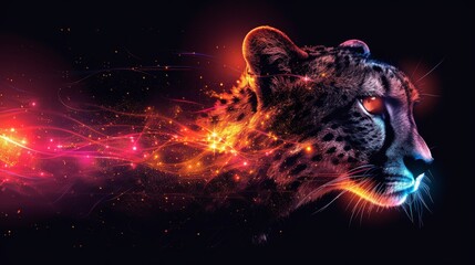 a close up of a cheetah's face on a black background with a colorful lightening effect.
