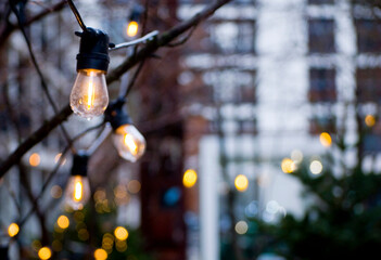 Close-up of illuminated light bulbs.