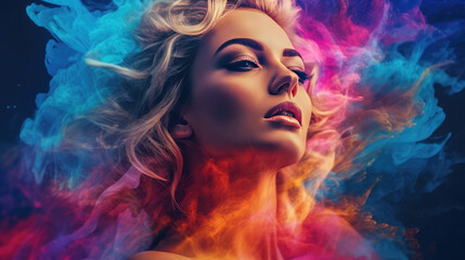 Colorful Fantasy Portrait Woman's Image Combined with Digital Paint Splash and Space Elements