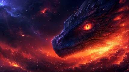 a close up of a dragon's head in a space filled with stars and a sky full of stars.