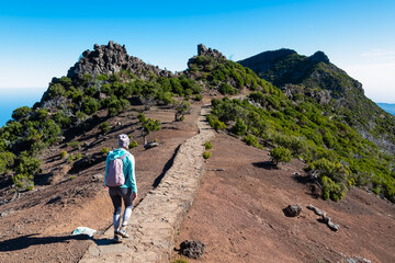 Hiker woman on scenic paved hiking trail winding up to mountain peak Pico Ruivo, Madeira island, Portugal, Europe. Path on rugged terrain of unique rock formations and deserted shrub land. Wanderlust - obrazy, fototapety, plakaty