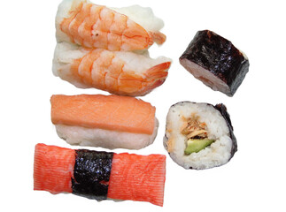 Sushi food isolated on white background. With salmon, shrimp and others