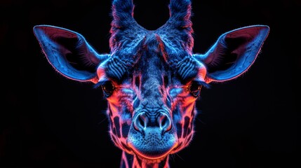 Obraz premium a close up of a giraffe's face with a red and blue light on it's face.
