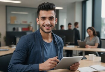 A young man in business casual attire smiling while holding a tablet in an office setting.