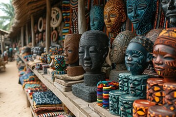 Fototapeta premium A traditional African market, with colorful textiles, hand-carved masks, and the sound of drumming in the background