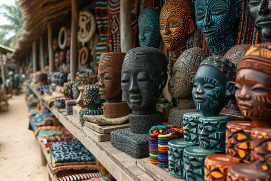 A traditional African market, with colorful textiles, hand-carved masks, and the sound of drumming in the background