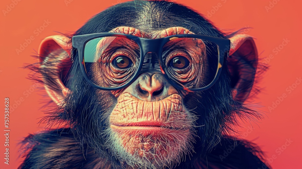 Poster a monkey with glasses on it's head and a red background with a red background and a red background with a monkey with glasses on it's head.