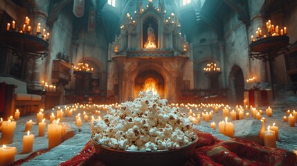 Fototapeta premium a bowl filled with popcorn sitting on top of a table next to a candle filled room filled with lit candles.