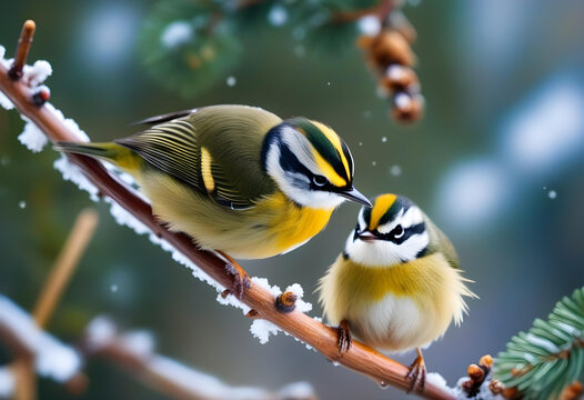 Cute birds on cold winter day. Winter nature background. Birds: Common Firecrest. Regulus ignicapilla.