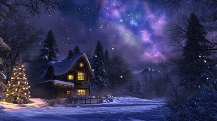 A cozy cabin nestles in a snow-laden landscape, with the mesmerizing Northern Lights dancing in the sky above the towering mountains. Resplendent.