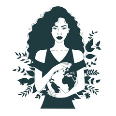 Minimalist flat art illustration features an African woman holding the Earth in her hands, portraying a powerful concept of protecting the planet. Vector illustration. Green leaves.