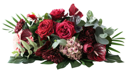 Red rose and hydrangea flowers with tropical green leaves Monstera and palm isolated on transparent background 