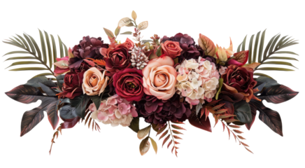 Red rose and hydrangea flowers with tropical green leaves Monstera and palm isolated on transparent background 