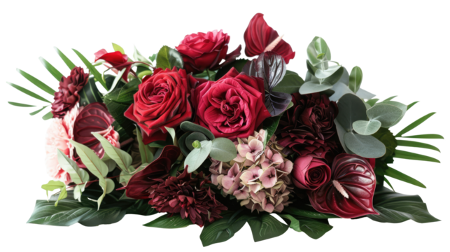 Red rose and hydrangea flowers with tropical green leaves Monstera and palm isolated on transparent background  - Powered by Adobe