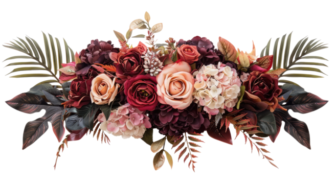 Red rose and hydrangea flowers with tropical green leaves Monstera and palm isolated on transparent background  - Powered by Adobe