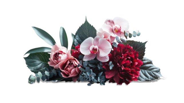 Red rose and hydrangea flowers with tropical green leaves Monstera and palm isolated on transparent background 