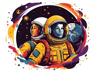 A picture of two astronauts in space, back to back looking over the never ending universe, surrounded by planets and stars