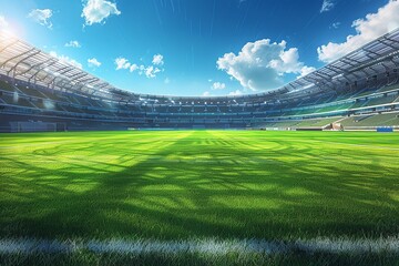 Fototapeta premium This dynamic illustration captures the electric atmosphere of a soccer match with vibrant green grass, enthusiastic fans, and the grandeur of the stadium, inviting viewers into the heart of the game