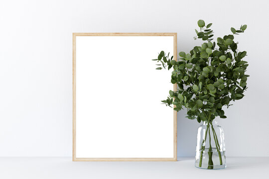 Mock up  poster frame with flowers, 3d render
