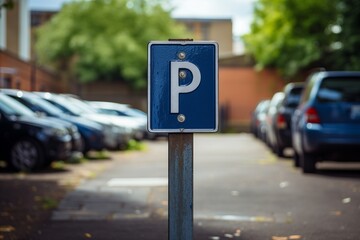 A parking sign stands in front of a row of parked cars in a lot. The vehicles are neatly aligned next to each other in an organized manner.