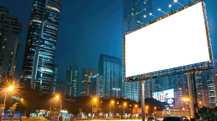 Blank advertising billboard in the city at night
