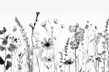 Naklejka premium Monochrome botanical floral pattern with various flowers. A seamless, elegant black and white floral pattern featuring assorted blooming flowers and foliage, perfect for a variety of design uses.
