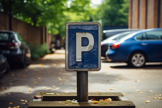A parking sign stands in front of a row of parked cars in a lot. The vehicles are neatly aligned next to each other in an organized manner.