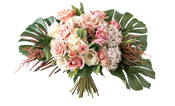 Pink rose and hydrangea flowers with tropical green leaves Monstera and palm isolated on transparent background 