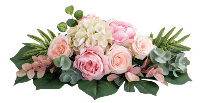 Pink rose and hydrangea flowers with tropical green leaves Monstera and palm isolated on transparent background  - Powered by Adobe