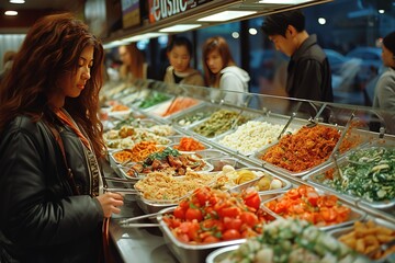Generate an image of a crowded shopping mall food court with diverse cuisine options - obrazy, fototapety, plakaty