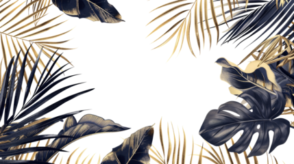 Shiny glossy golden and black tropical palm and monstera leaves on transparent background. Empty space for copy, room for text. Trendy luxury border frame 