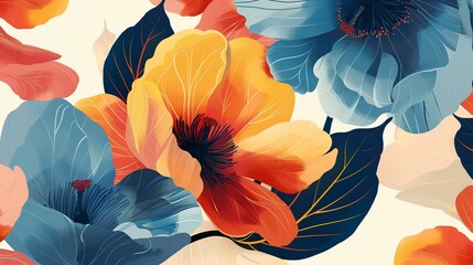 vibrant floral pattern with orange, blue, and yellow flowers. The flowers are painted in a loose, painterly style and have a slightly abstract feel.