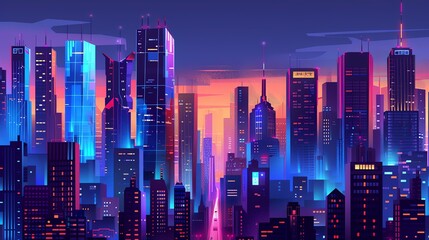 A digital painting of a futuristic city at night. The city is full of tall skyscrapers and bright lights.
